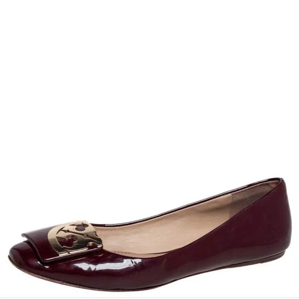 Tory Burch Burgundy Patent Leather Gold Tone Embellished Ballet Flats, Sz 5